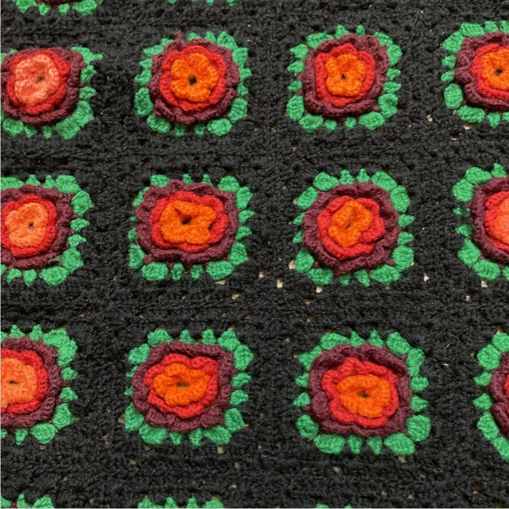 Vintage Granny Square Afghan Handmade Crochet Blanket Throw Black Rose 42x54 - Picture 3 of 6